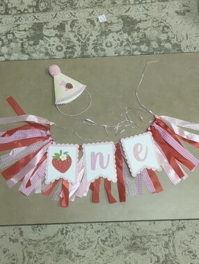Berry First Birthday High Chair Banner & Hat Set - Strawberry Theme One